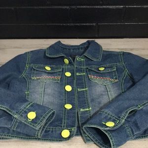 Amy Dyer yellow neon button front blue jean denim jacket size girls XL